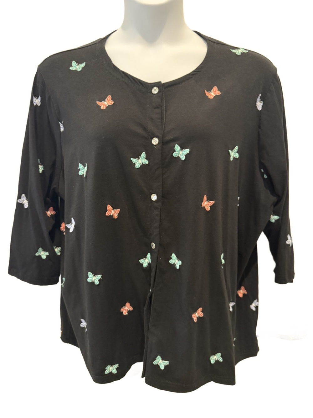 Plus Size Black Button-Front Top with Multicolor Butterfly Embroidery. 2X